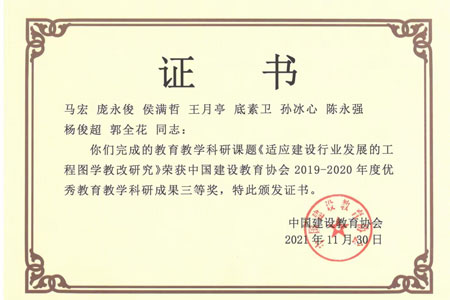 市厅级教学成果奖三等奖：适应建设行业发展的工程图学教改研究